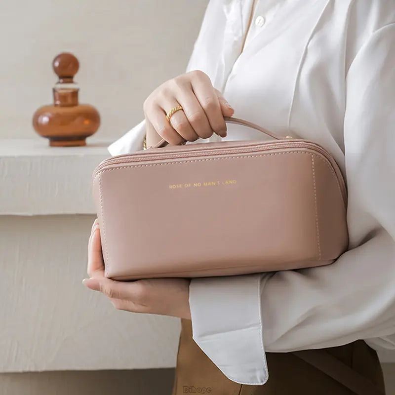 Large-Capacity Cosmetics Bag  Crafted from Luxurious Leather