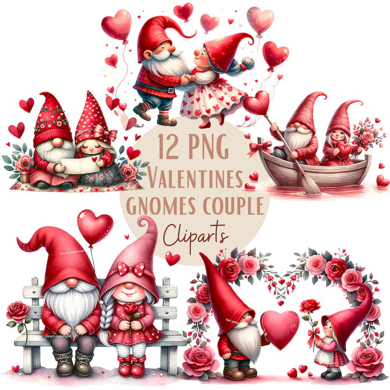 Valentines Gnome couple clipart bundle, Valentines clipart, Valentines png graphics, Gnome sublimation