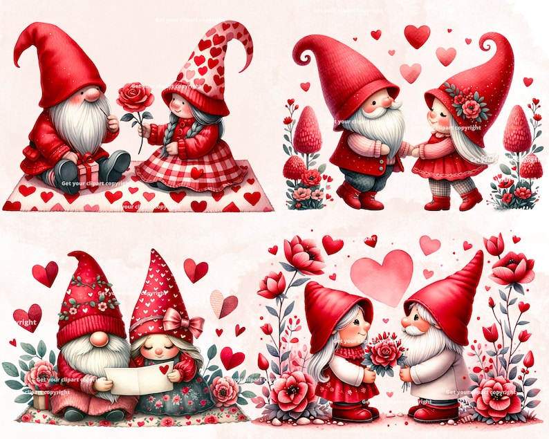 Valentines Gnome couple clipart bundle, Valentines clipart, Valentines png graphics, Gnome sublimation