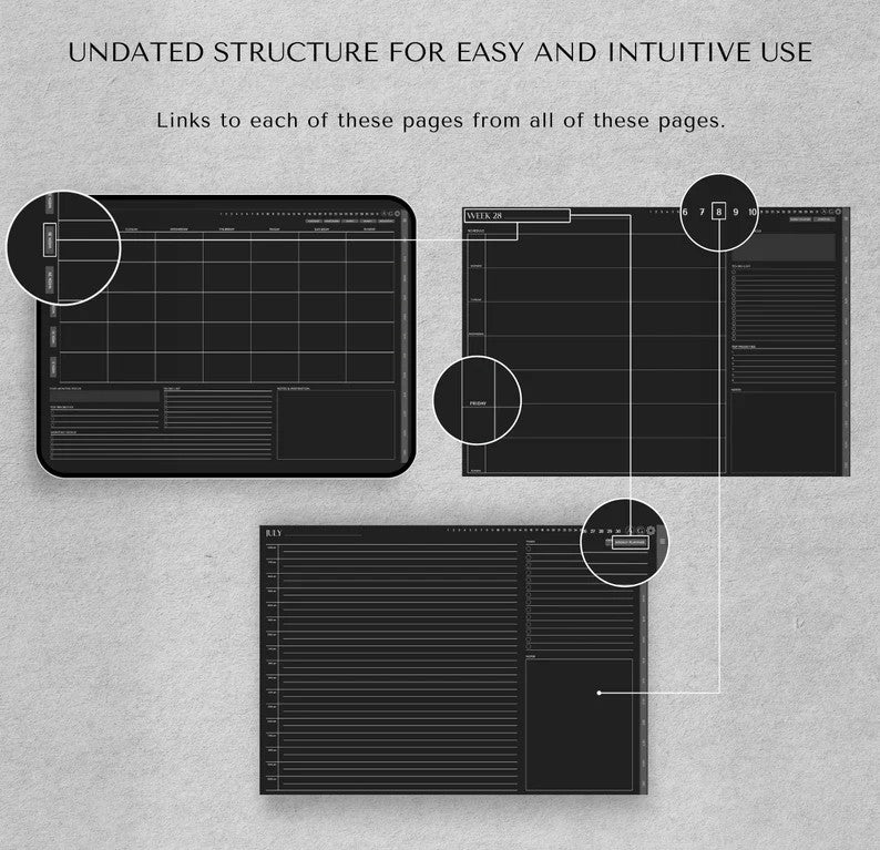 Digital Planner | Undated Goodnotes Planner | ADHD Planner, Dark Mode Journal, iPad Calendar, Notability Templates, Landscape Daily Schedule