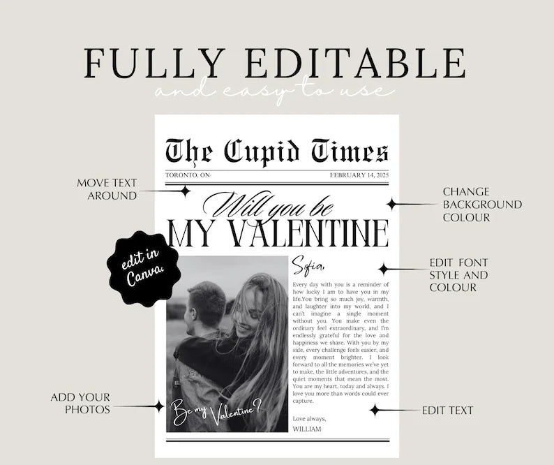 Valentines Day Newspaper Template, Valentines Day Gift, Will You Be My Valentine, Personalized Valentines Gift